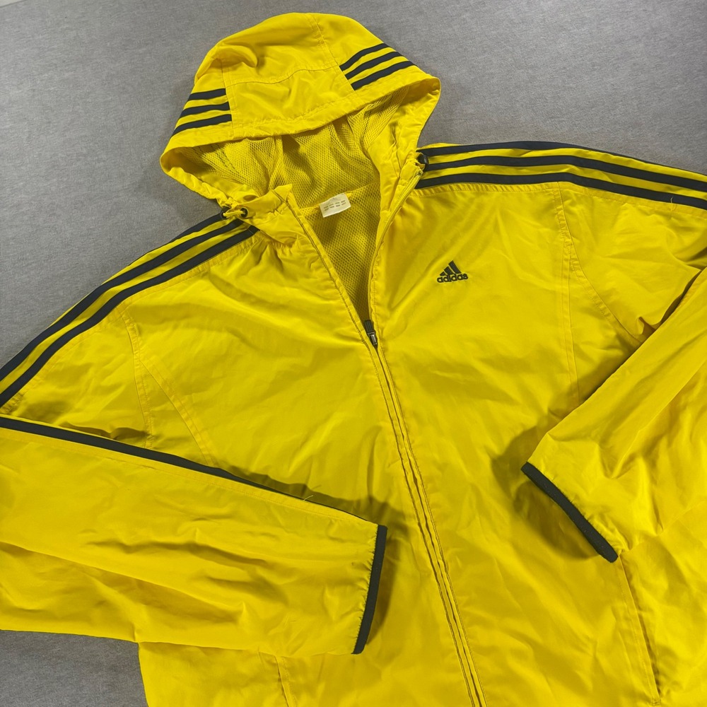 Adidas Mens Yellow Black 3-Stripe Hooded Windbreaker Jacket Mesh Lined Medium